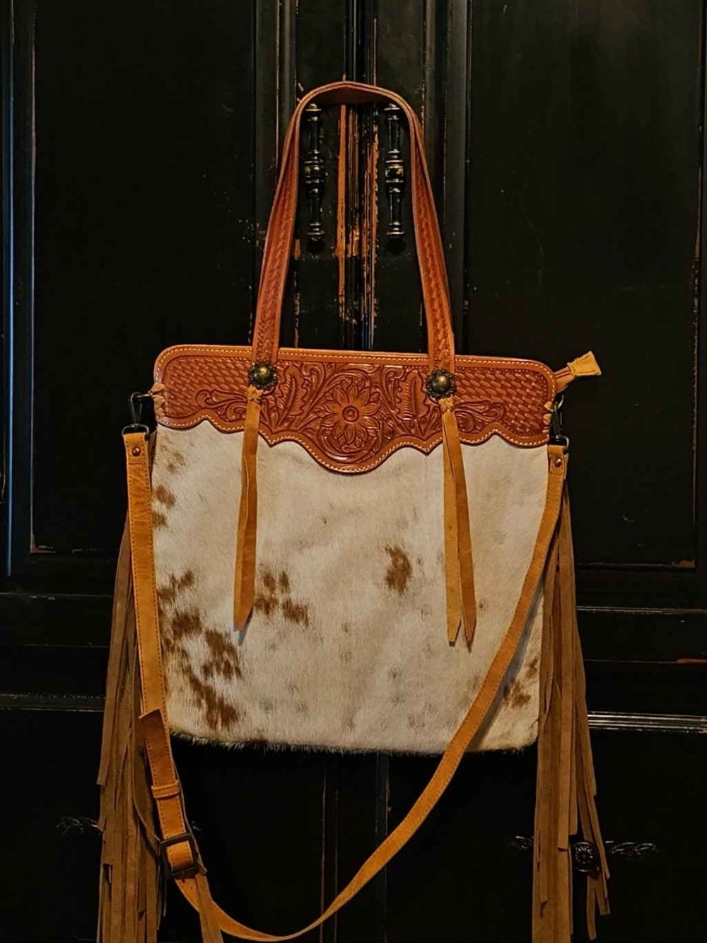 Tan and Cream Western Cowhide Tote Bag with Leather Trim